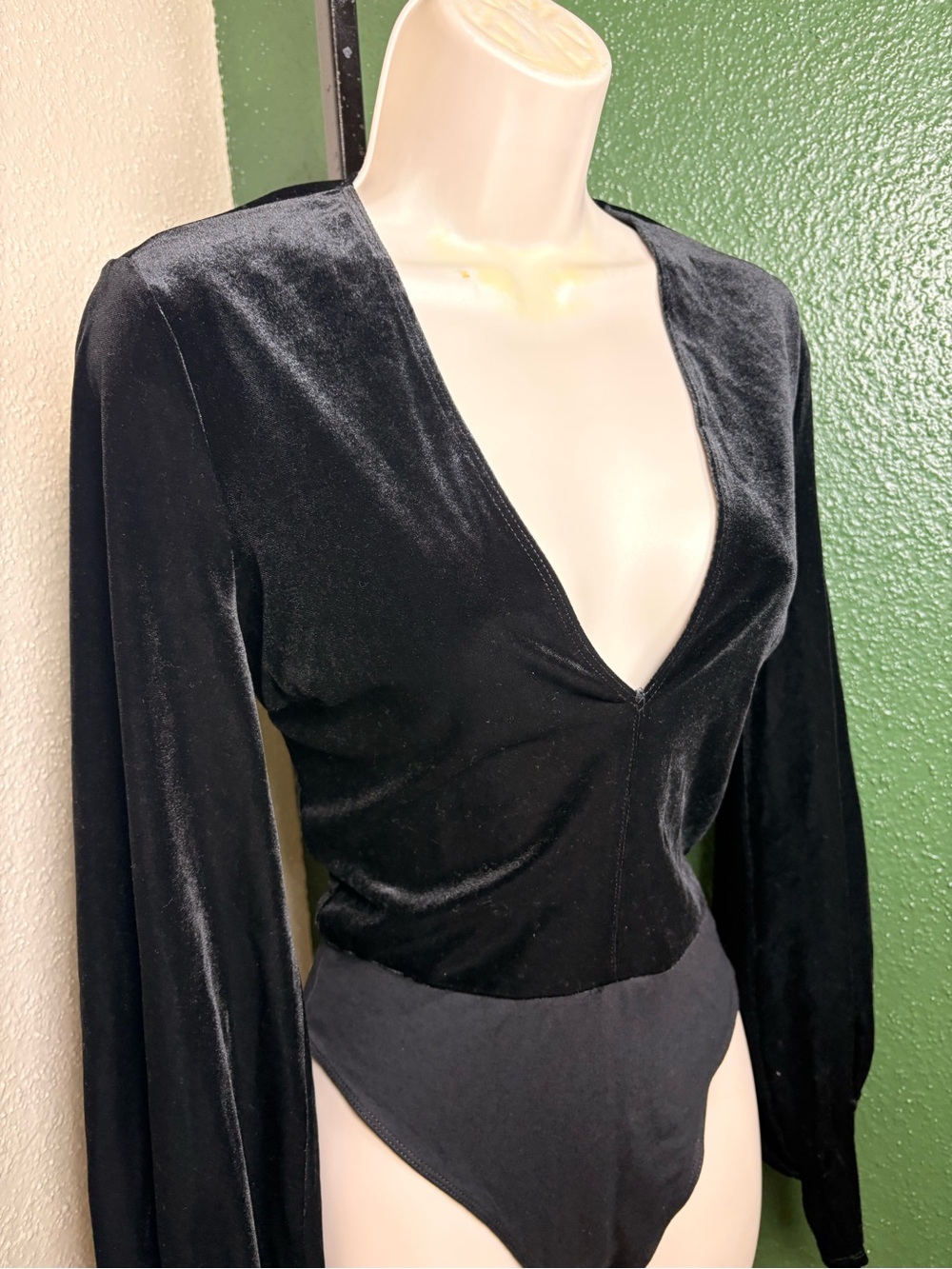 Bardot Black Velvet Deep V-Neck Long Sleeve Bodysuit